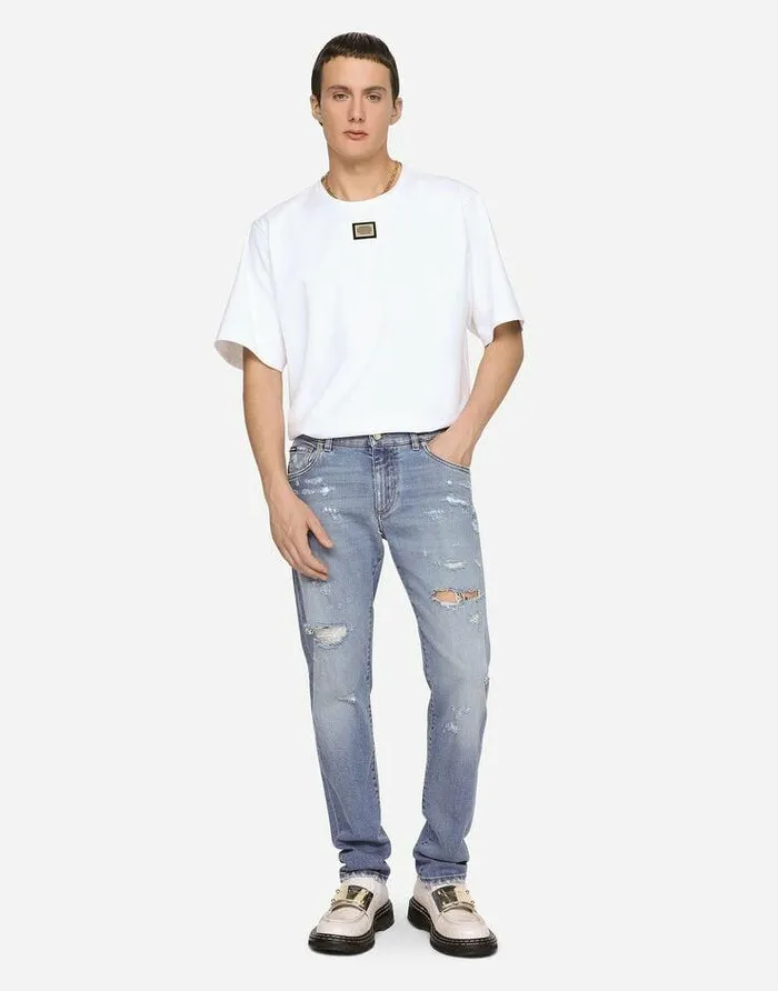 Dolce and Gabbana Denim Men Light Blue Slimfit Stretch Jeans With Rips Multicolor Dolce and Gabbana Denim Men Light Blue Slimfit Stretch Jeans With Rips Multicolor