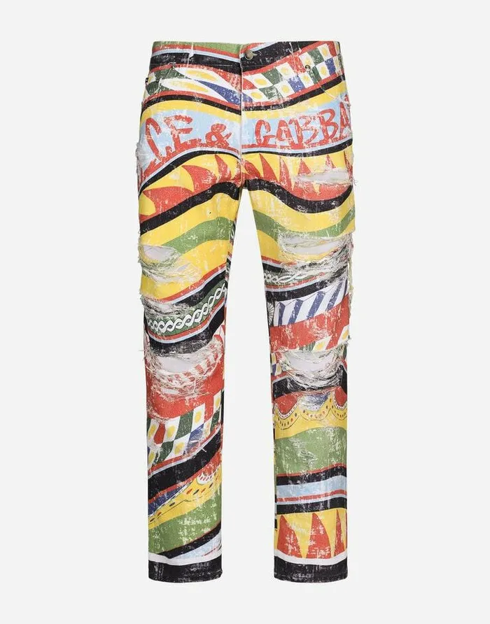 Dolce and Gabbana Denim Men Loose Overdyed Jeans With Carretto Print Multicolor Dolce and Gabbana Denim Men Loose Overdyed Jeans With Carretto Print Multicolor