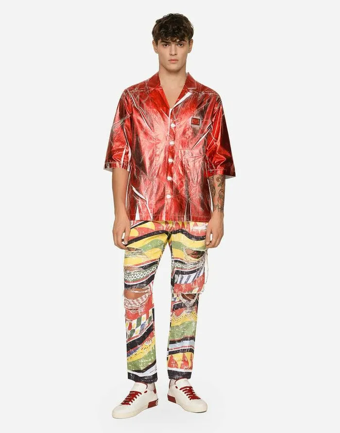 Dolce and Gabbana Denim Men Loose Overdyed Jeans With Carretto Print Multicolor Dolce and Gabbana Denim Men Loose Overdyed Jeans With Carretto Print Multicolor