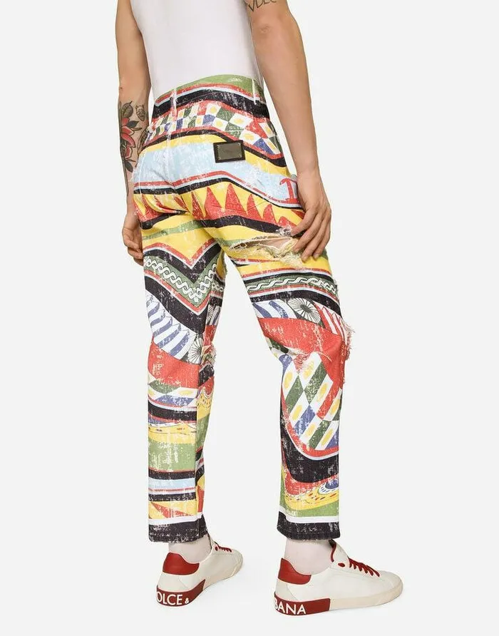 Dolce and Gabbana Denim Men Loose Overdyed Jeans With Carretto Print Multicolor Dolce and Gabbana Denim Men Loose Overdyed Jeans With Carretto Print Multicolor