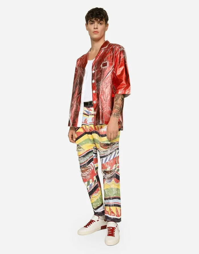 Dolce and Gabbana Denim Men Loose Overdyed Jeans With Carretto Print Multicolor Dolce and Gabbana Denim Men Loose Overdyed Jeans With Carretto Print Multicolor