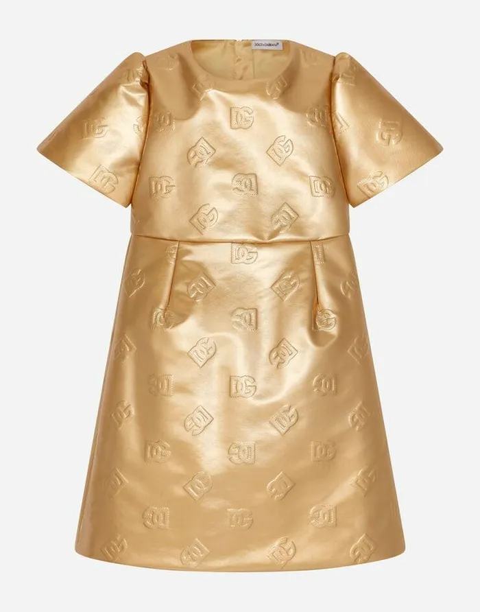 Dolce and Gabbana Dresses Children Short Foiled Jacquard Dress With DG Logo Gold Dolce and Gabbana Dresses Children Short Foiled Jacquard Dress With DG Logo Gold