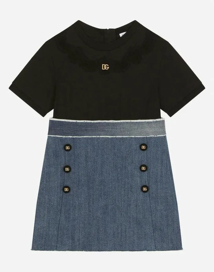 Dolce and Gabbana Dresses Children Stretch Denim And Jersey Dress With DG Logo Multicolor Dolce and Gabbana Dresses Children Stretch Denim And Jersey Dress With DG Logo Multicolor