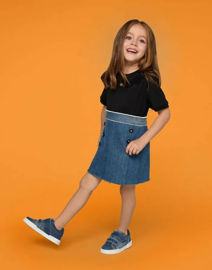 Dolce and Gabbana Dresses Children Stretch Denim And Jersey Dress With DG Logo Multicolor Dolce and Gabbana Dresses Children Stretch Denim And Jersey Dress With DG Logo Multicolor