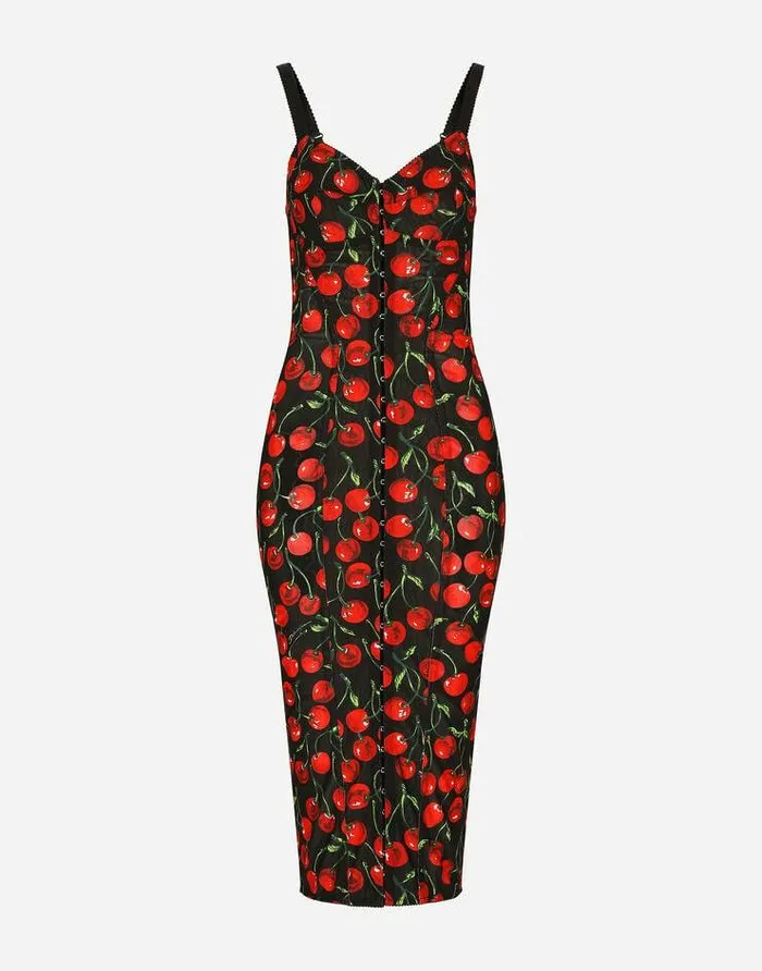 Dolce and Gabbana Dresses Women Cherryprint Stretch Calflength Corset Dress Multicolor
