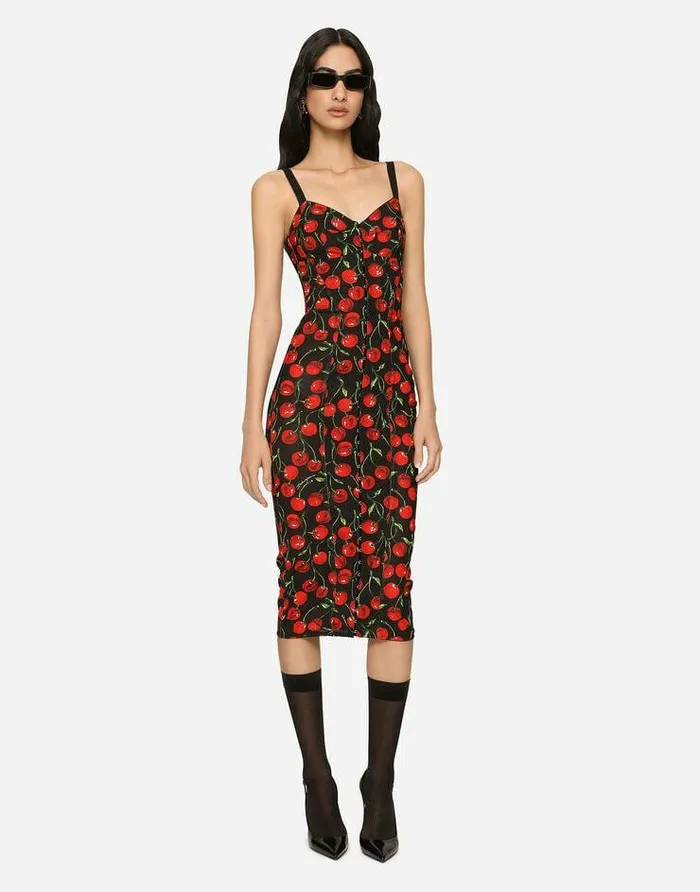 Dolce and Gabbana Dresses Women Cherryprint Stretch Calflength Corset Dress Multicolor Dolce and Gabbana Dresses Women Cherryprint Stretch Calflength Corset Dress Multicolor