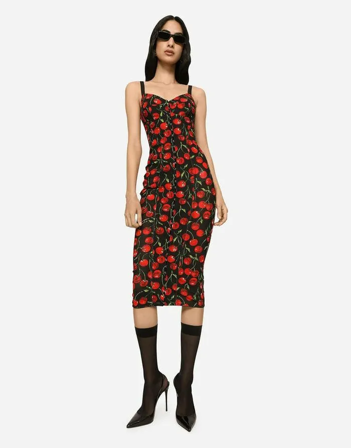 Dolce and Gabbana Dresses Women Cherryprint Stretch Calflength Corset Dress Multicolor Dolce and Gabbana Dresses Women Cherryprint Stretch Calflength Corset Dress Multicolor