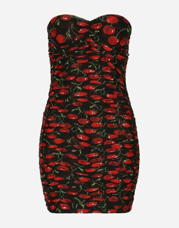 Dolce and Gabbana Dresses Women Cherryprint Tulle Strapless Dress With Draping Multicolor