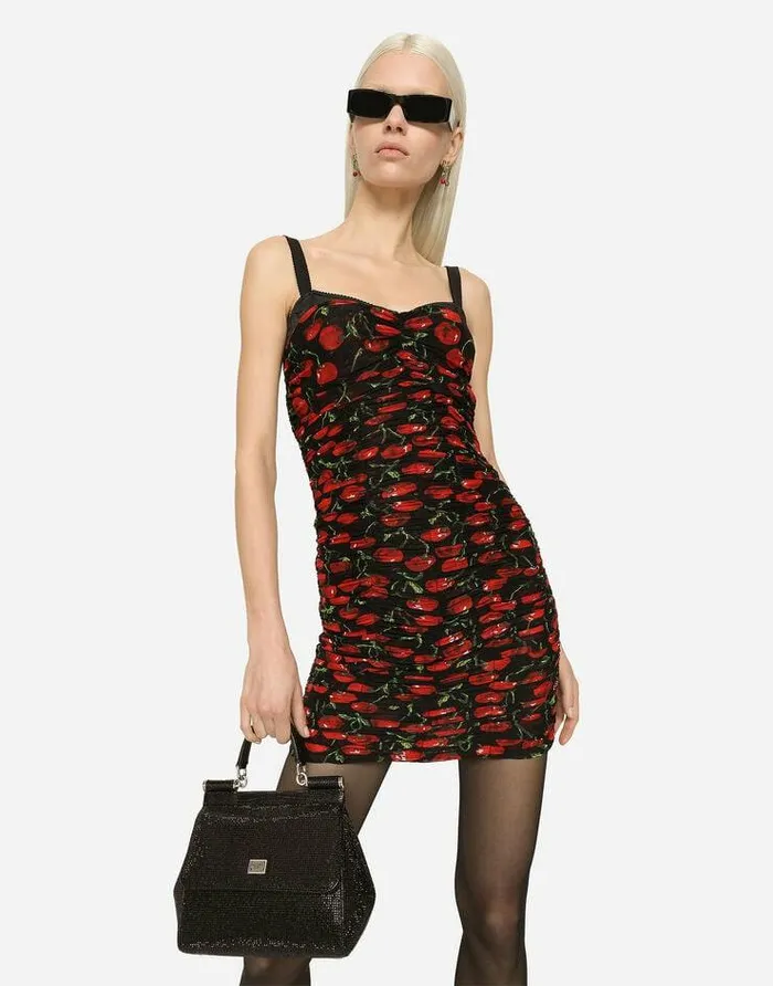 Dolce and Gabbana Dresses Women Cherryprint Tulle Strapless Dress With Draping Multicolor Dolce and Gabbana Dresses Women Cherryprint Tulle Strapless Dress With Draping Multicolor
