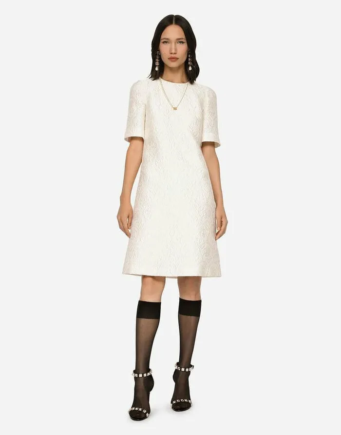 Dolce and Gabbana Dresses Women Floral Jacquard Midi Dress White Dolce and Gabbana Dresses Women Floral Jacquard Midi Dress White