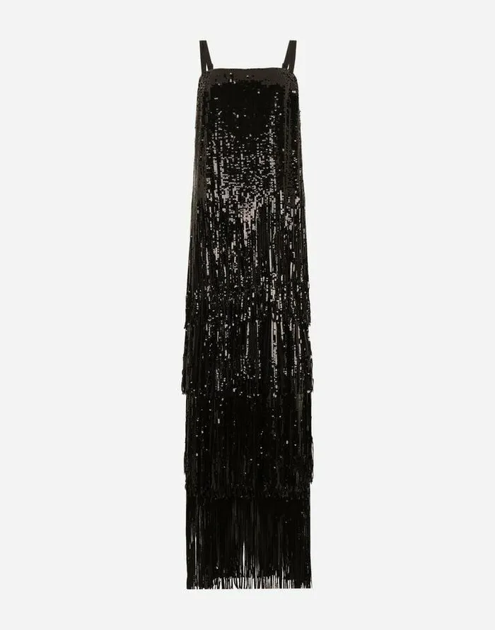 Dolce and Gabbana Dresses Women Long Sequined Dress With Fringing Black