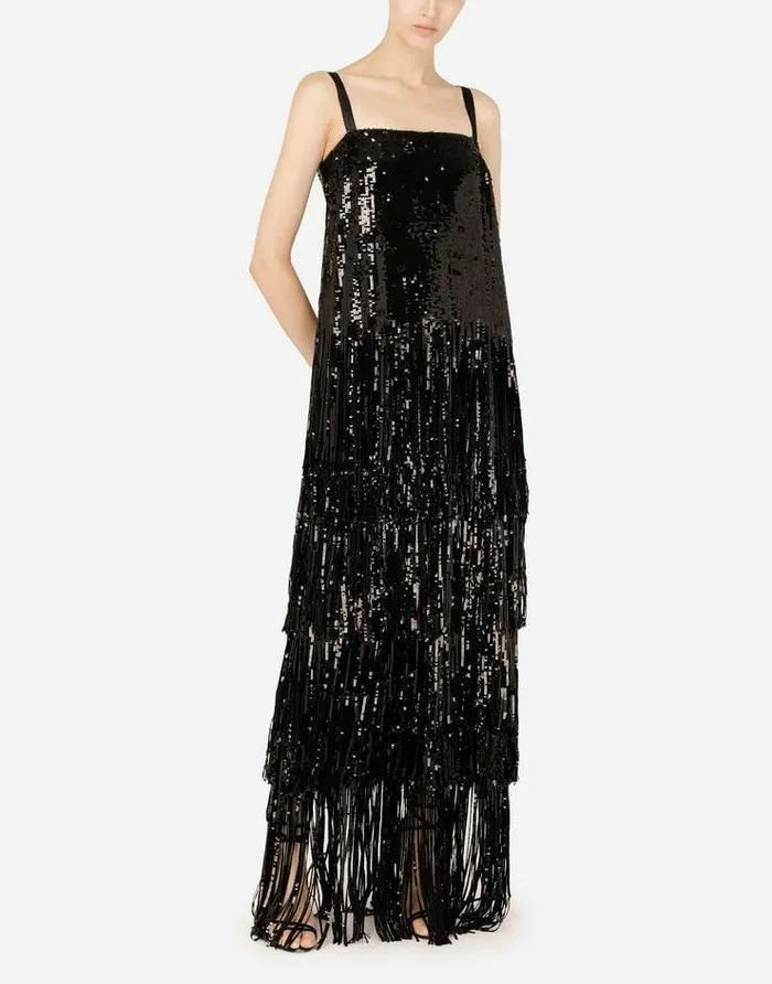 Dolce and Gabbana Dresses Women Long Sequined Dress With Fringing Black Dolce and Gabbana Dresses Women Long Sequined Dress With Fringing Black