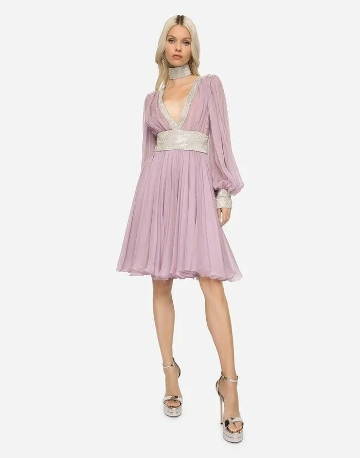 Dolce and Gabbana Dresses Women Short Chiffon Dress Lilac Dolce and Gabbana Dresses Women Short Chiffon Dress Lilac