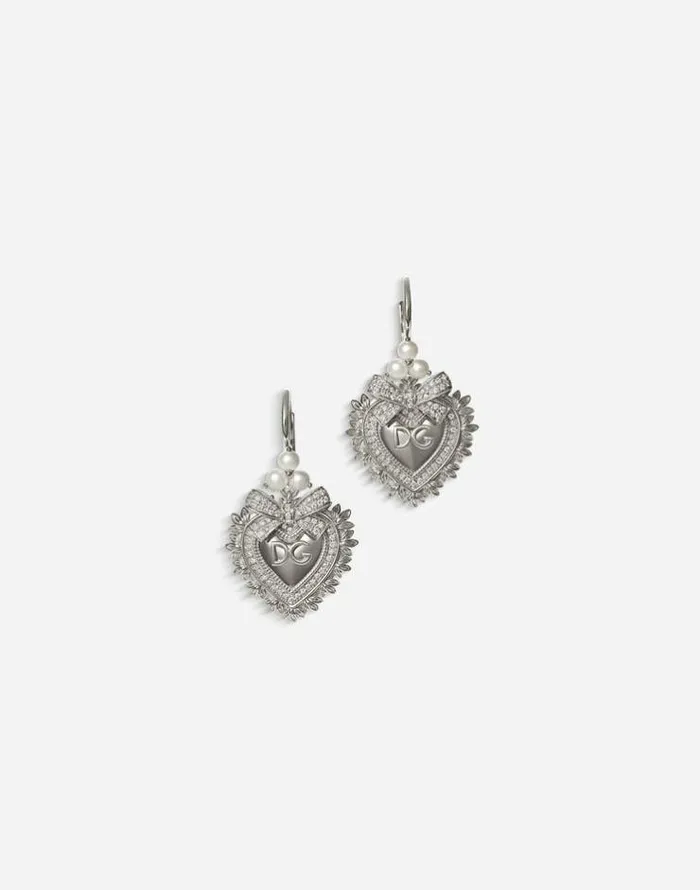 Dolce and Gabbana Earrings Women Devotion Earrings In White Gold With Diamonds And Pearls White Gold