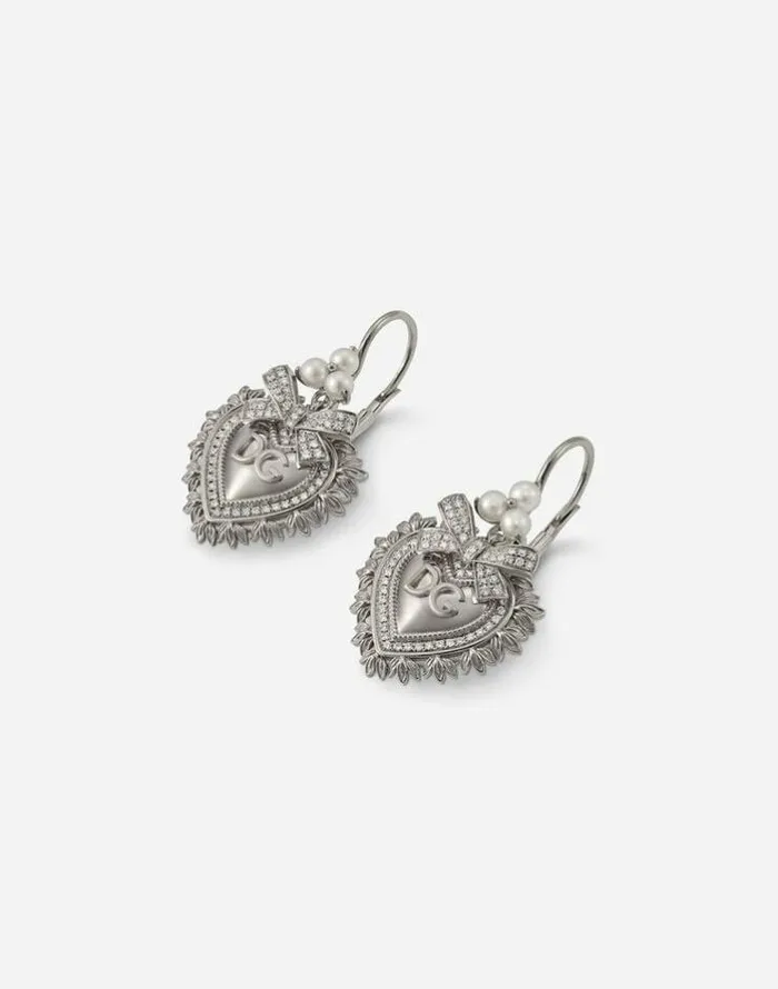 Dolce and Gabbana Earrings Women Devotion Earrings In White Gold With Diamonds And Pearls White Gold Dolce and Gabbana Earrings Women Devotion Earrings In White Gold With Diamonds And Pearls White Gold
