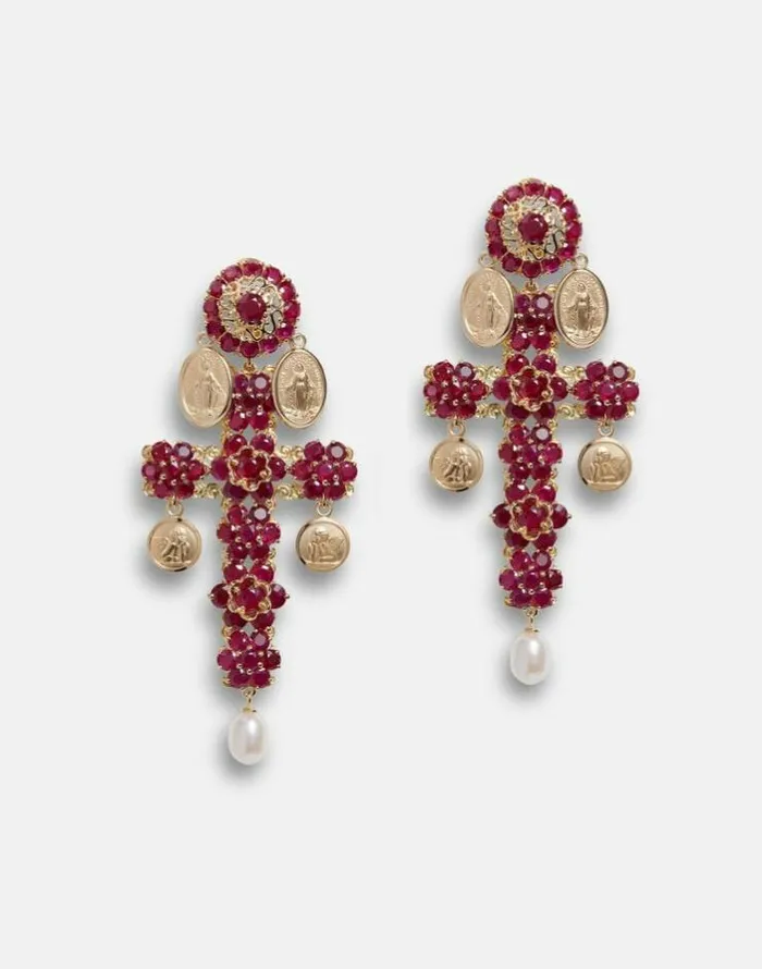 Dolce and Gabbana Earrings Women Family Yellow Gold Cross Pendant Earrings With Rubies Gold