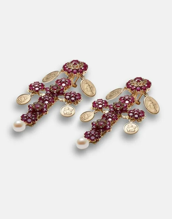 Dolce and Gabbana Earrings Women Family Yellow Gold Cross Pendant Earrings With Rubies Gold Dolce and Gabbana Earrings Women Family Yellow Gold Cross Pendant Earrings With Rubies Gold