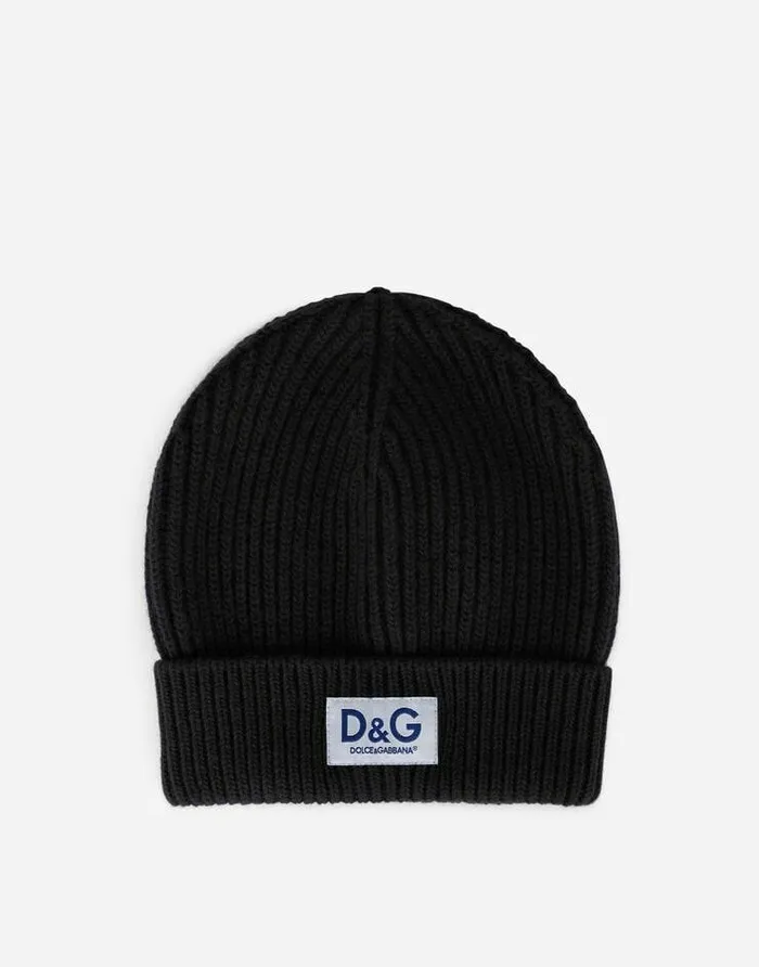 Dolce and Gabbana Hats And Gloves Men Knit Wool Hat With DG Patch Black