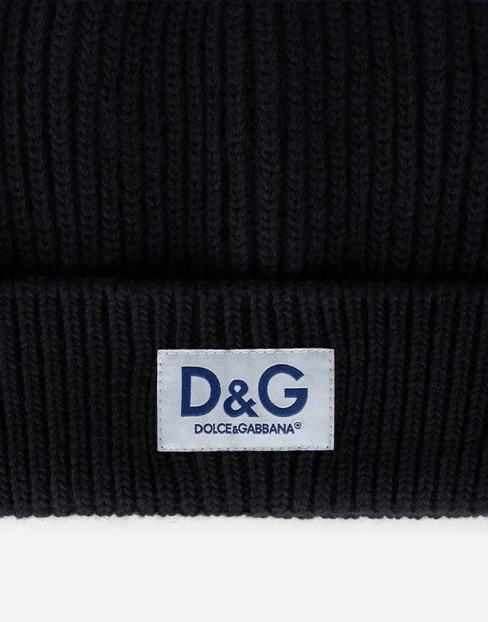 Dolce and Gabbana Hats And Gloves Men Knit Wool Hat With DG Patch Black