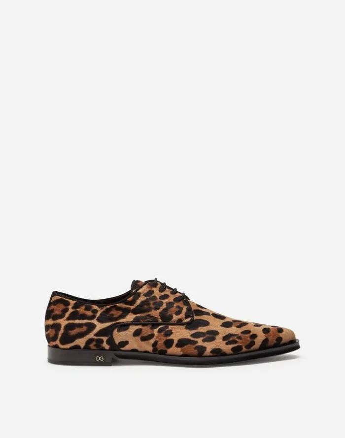 Dolce and Gabbana LaceUps Men Leopardprint Pony Hair Derby Shoes Multicolor