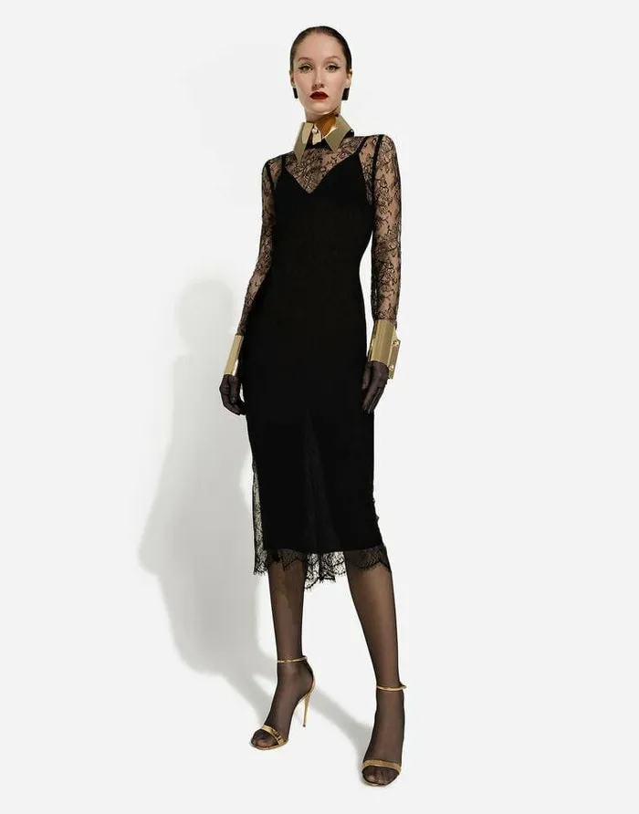 Dolce and Gabbana Mini Me Girl ChildrenWomen Chantilly Lace Fil Coup Calflength Dress Black Dolce and Gabbana Mini Me Girl ChildrenWomen Chantilly Lace Fil Coup Calflength Dress Black