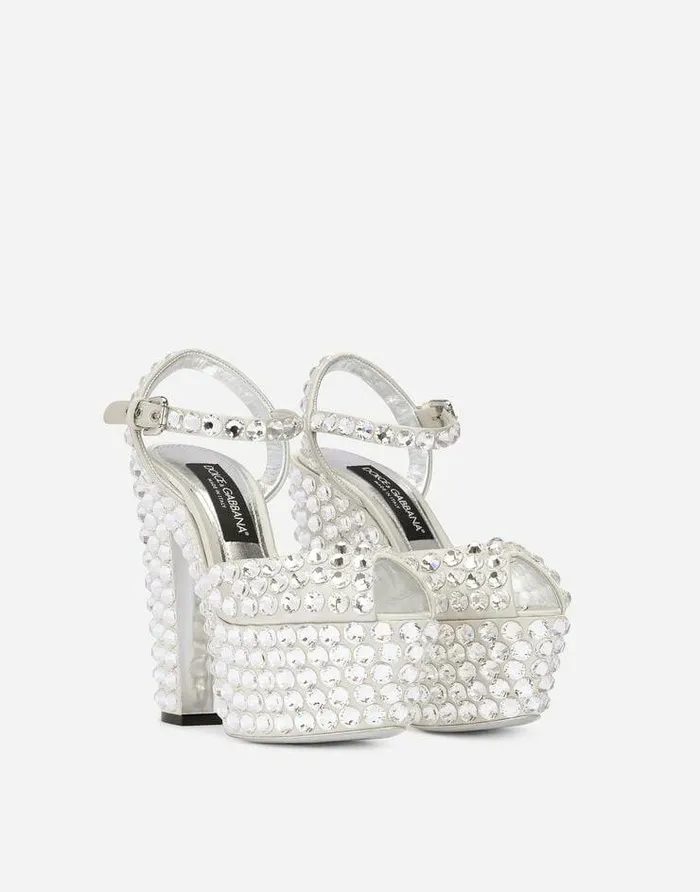 Dolce and Gabbana Sandals And Wedges Women Satin Platforms With Fusible Rhinestones Silver Dolce and Gabbana Sandals And Wedges Women Satin Platforms With Fusible Rhinestones Silver