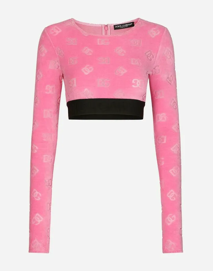 Dolce and Gabbana Shirts And Tops Women Flocked Jersey Tshirt With Allover DG Logo Pink Dolce and Gabbana Shirts And Tops Women Flocked Jersey Tshirt With Allover DG Logo Pink