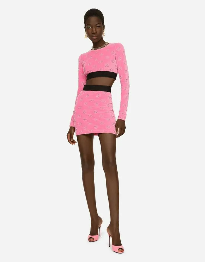 Dolce and Gabbana Shirts And Tops Women Flocked Jersey Tshirt With Allover DG Logo Pink Dolce and Gabbana Shirts And Tops Women Flocked Jersey Tshirt With Allover DG Logo Pink