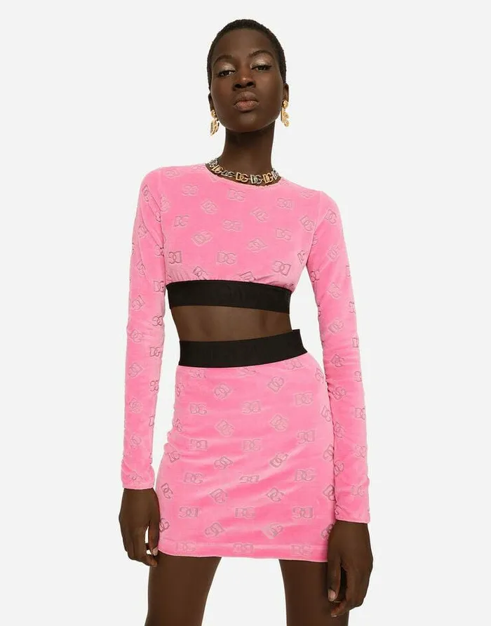 Dolce and Gabbana Shirts And Tops Women Flocked Jersey Tshirt With Allover DG Logo Pink Dolce and Gabbana Shirts And Tops Women Flocked Jersey Tshirt With Allover DG Logo Pink