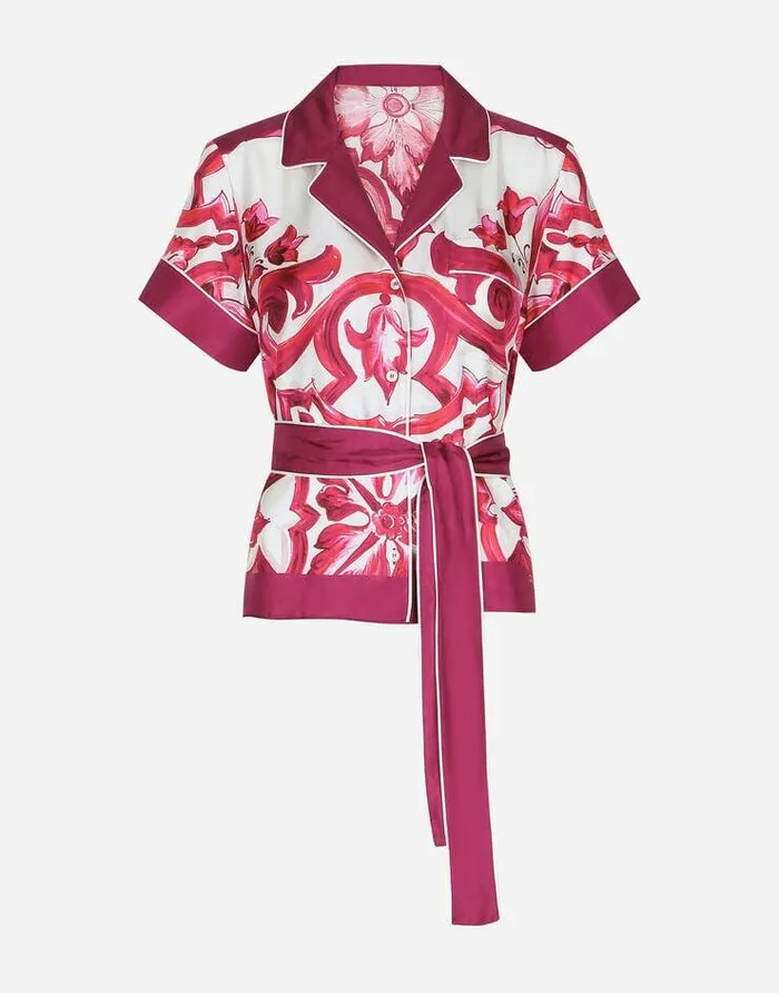 Dolce and Gabbana Shirts And Tops Women Majolicaprint Twill Shirt With Belt Multicolor Dolce and Gabbana Shirts And Tops Women Majolicaprint Twill Shirt With Belt Multicolor