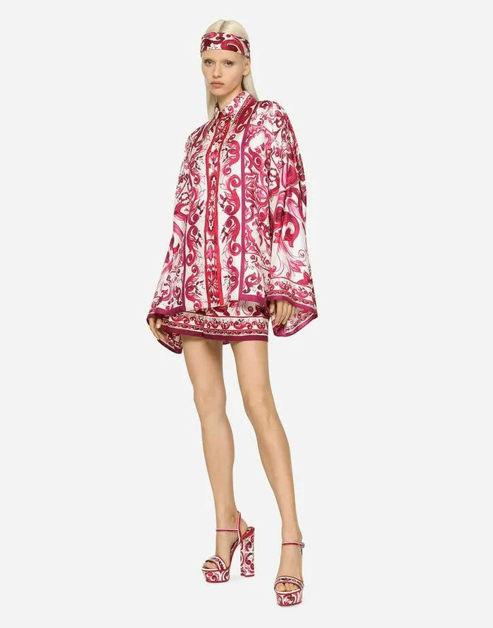 Dolce and Gabbana Shirts And Tops Women Majolicaprint Twill Shirt With Slits Multicolor Dolce and Gabbana Shirts And Tops Women Majolicaprint Twill Shirt With Slits Multicolor