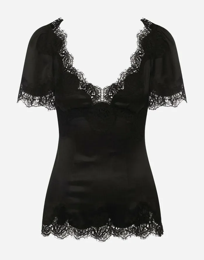 Dolce and Gabbana Shirts And Tops Women Satin Top With Lace Details Black