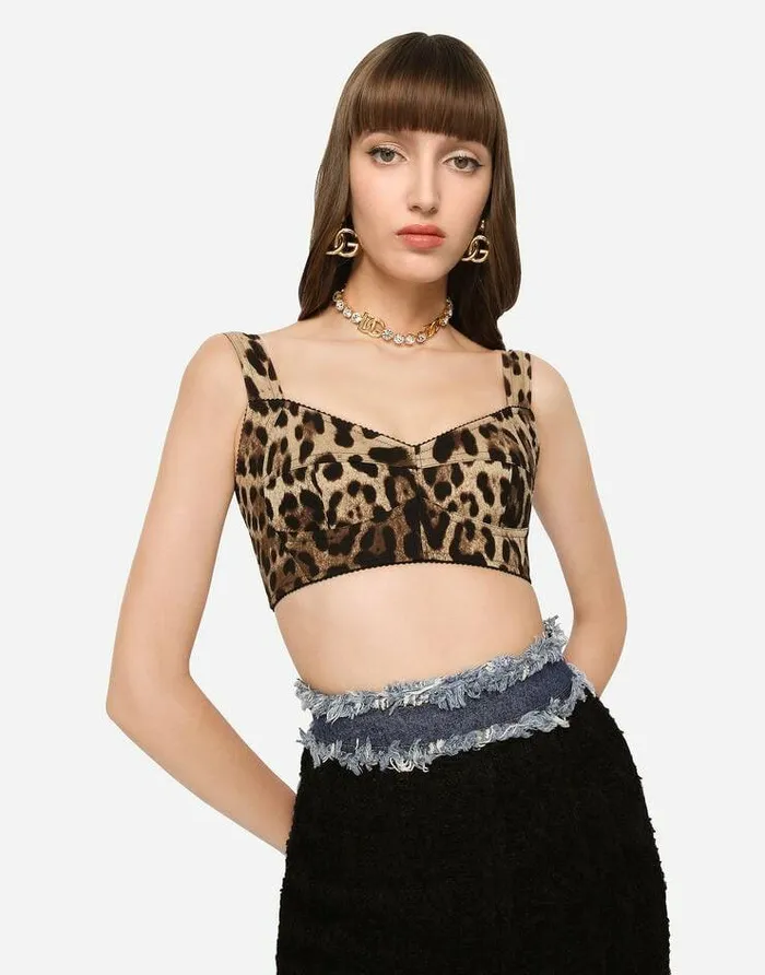 Dolce and Gabbana Shirts And Tops Women Short Bustier Top In Charmeuse With Leopard Print Multicolor Dolce and Gabbana Shirts And Tops Women Short Bustier Top In Charmeuse With Leopard Print Multicolor