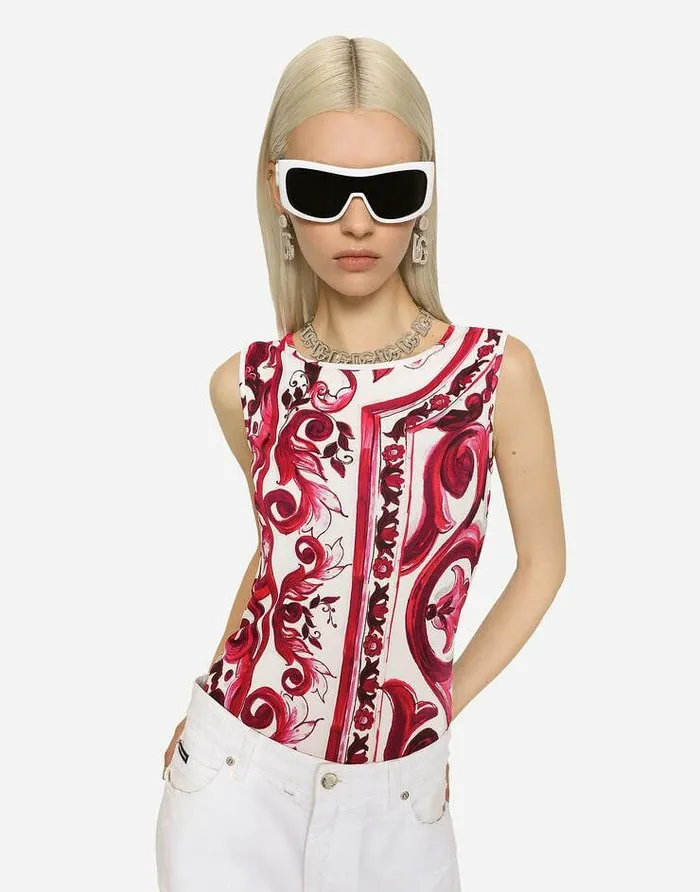 Dolce and Gabbana Shirts And Tops Women Sleeveless Organzine Top With Majolica Print Multicolor Dolce and Gabbana Shirts And Tops Women Sleeveless Organzine Top With Majolica Print Multicolor