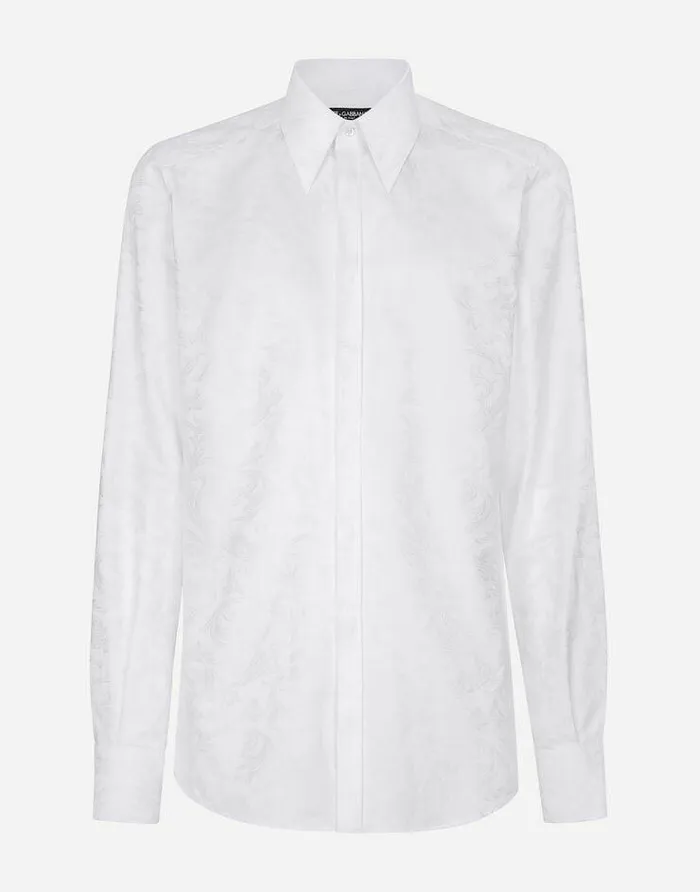 Dolce and Gabbana Shirts Men Floral Cotton Jacquard Martinifit Shirt White