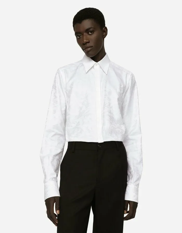 Dolce and Gabbana Shirts Men Floral Cotton Jacquard Martinifit Shirt White