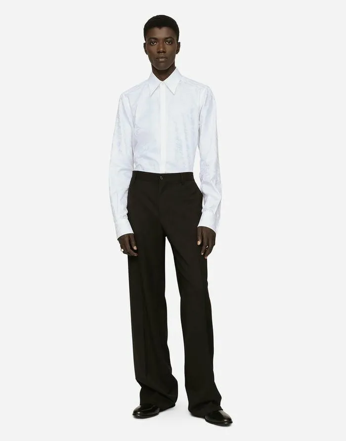 Dolce and Gabbana Shirts Men Floral Cotton Jacquard Martinifit Shirt White
