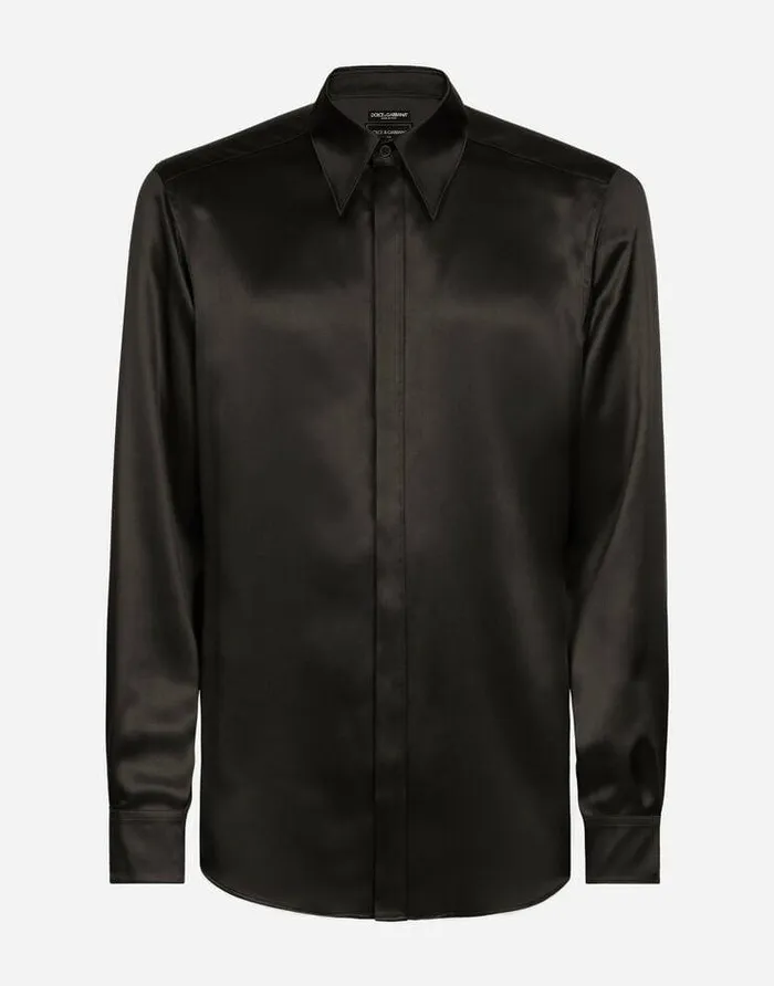 Dolce and Gabbana Shirts Men Silk Satin Martinifit Shirt With Metal DG Logo Black Dolce and Gabbana Shirts Men Silk Satin Martinifit Shirt With Metal DG Logo Black