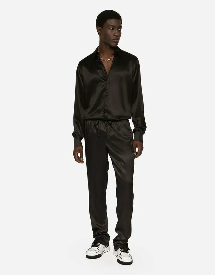 Dolce and Gabbana Shirts Men Silk Satin Martinifit Shirt With Metal DG Logo Black Dolce and Gabbana Shirts Men Silk Satin Martinifit Shirt With Metal DG Logo Black