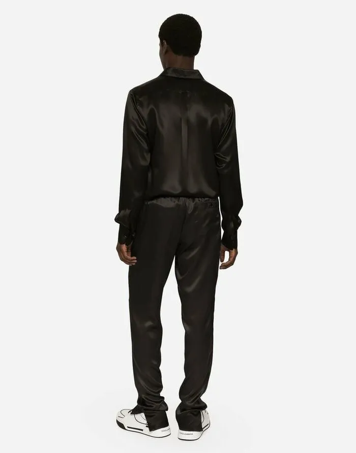 Dolce and Gabbana Shirts Men Silk Satin Martinifit Shirt With Metal DG Logo Black Dolce and Gabbana Shirts Men Silk Satin Martinifit Shirt With Metal DG Logo Black