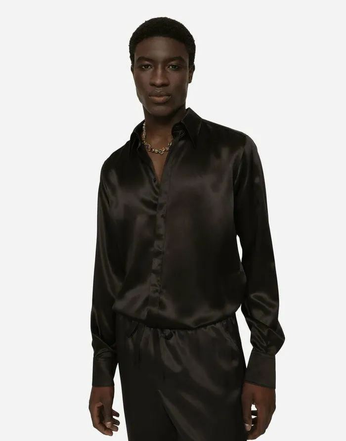 Dolce and Gabbana Shirts Men Silk Satin Martinifit Shirt With Metal DG Logo Black Dolce and Gabbana Shirts Men Silk Satin Martinifit Shirt With Metal DG Logo Black