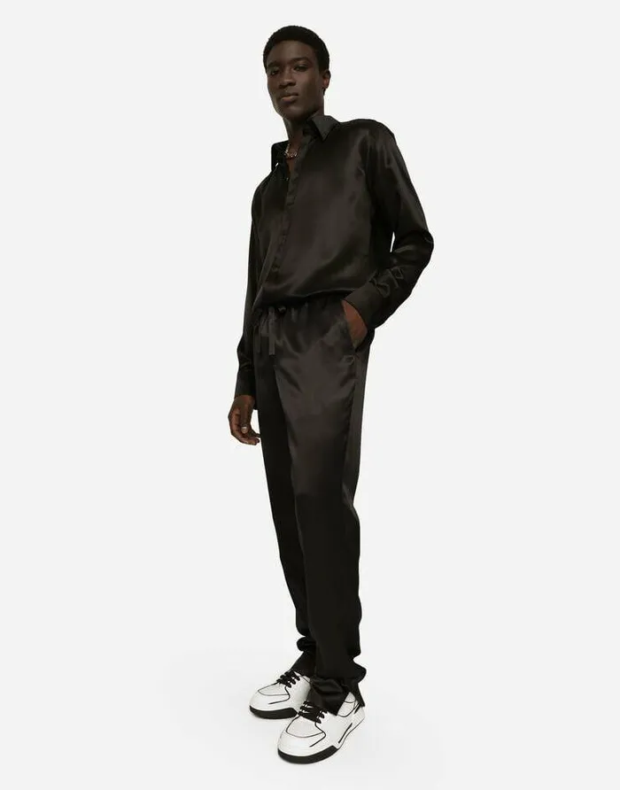 Dolce and Gabbana Shirts Men Silk Satin Martinifit Shirt With Metal DG Logo Black Dolce and Gabbana Shirts Men Silk Satin Martinifit Shirt With Metal DG Logo Black