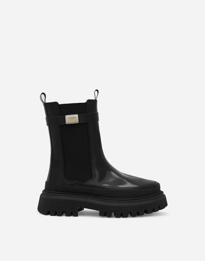 Dolce and Gabbana Shoes 2438 Children Calfskin Boots With Logo Tag Black