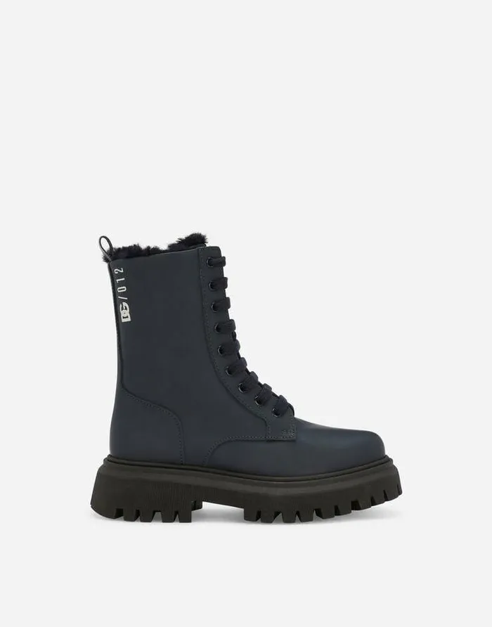 Dolce and Gabbana Shoes 2438 Children Calfskin Combat Boots Blue