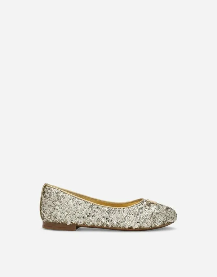 Dolce and Gabbana Shoes 2438 Children Sequined Ballet Flats With Metal DG Logo Gold Dolce and Gabbana Shoes 2438 Children Sequined Ballet Flats With Metal DG Logo Gold