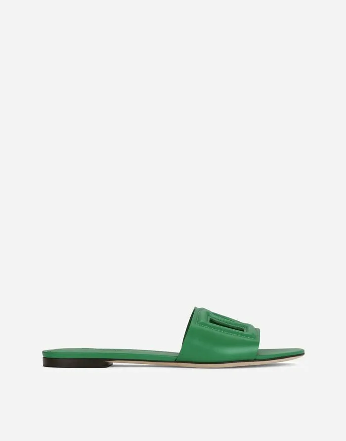 Dolce and Gabbana Slides And Mules Women Calfskin Sliders With DG Logo Green