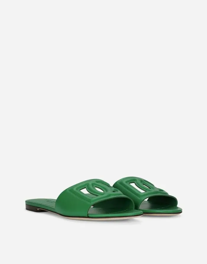 Dolce and Gabbana Slides And Mules Women Calfskin Sliders With DG Logo Green Dolce and Gabbana Slides And Mules Women Calfskin Sliders With DG Logo Green