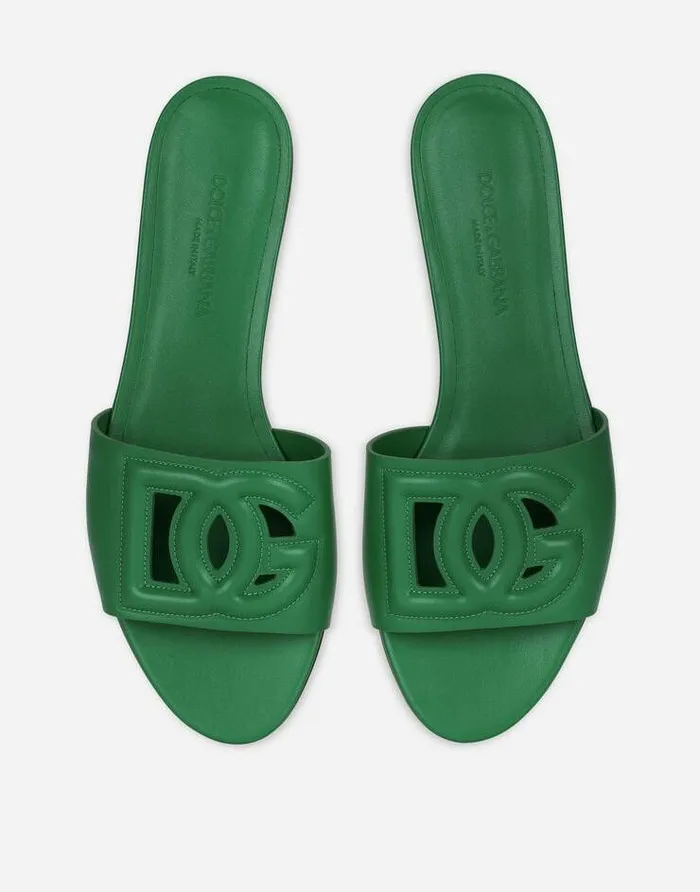Dolce and Gabbana Slides And Mules Women Calfskin Sliders With DG Logo Green Dolce and Gabbana Slides And Mules Women Calfskin Sliders With DG Logo Green