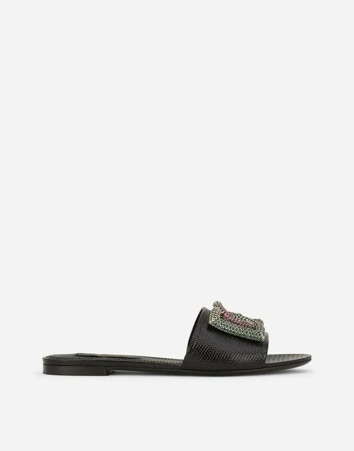 Dolce and Gabbana Slides And Mules Women Iguanaprint Calfskin Slides With Rhinestonedetailed DG Logo Black Dolce and Gabbana Slides And Mules Women Iguanaprint Calfskin Slides With Rhinestonedetailed DG Logo Black