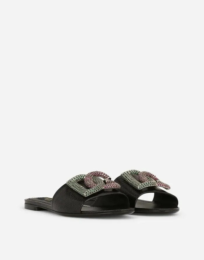 Dolce and Gabbana Slides And Mules Women Iguanaprint Calfskin Slides With Rhinestonedetailed DG Logo Black Dolce and Gabbana Slides And Mules Women Iguanaprint Calfskin Slides With Rhinestonedetailed DG Logo Black